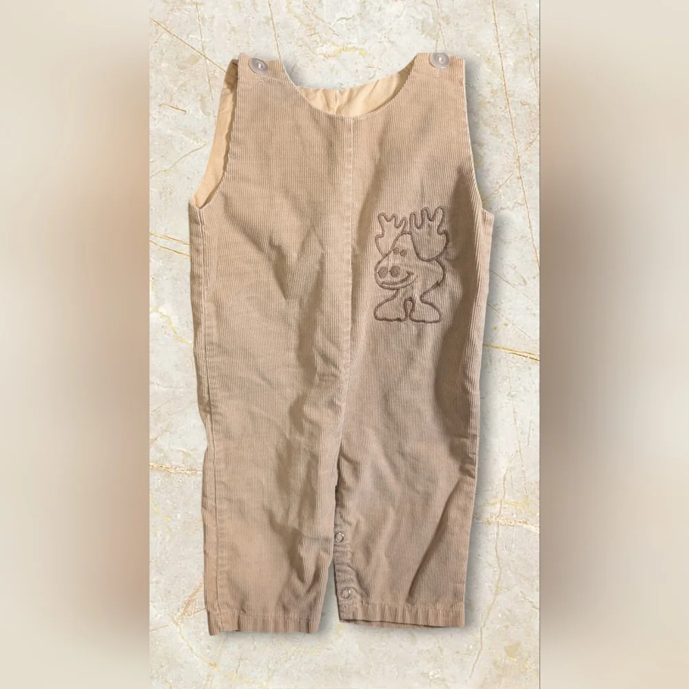 Vintage Boys 12Month Beige Corduroy Embroidered  Moose Royal Heir Overalls